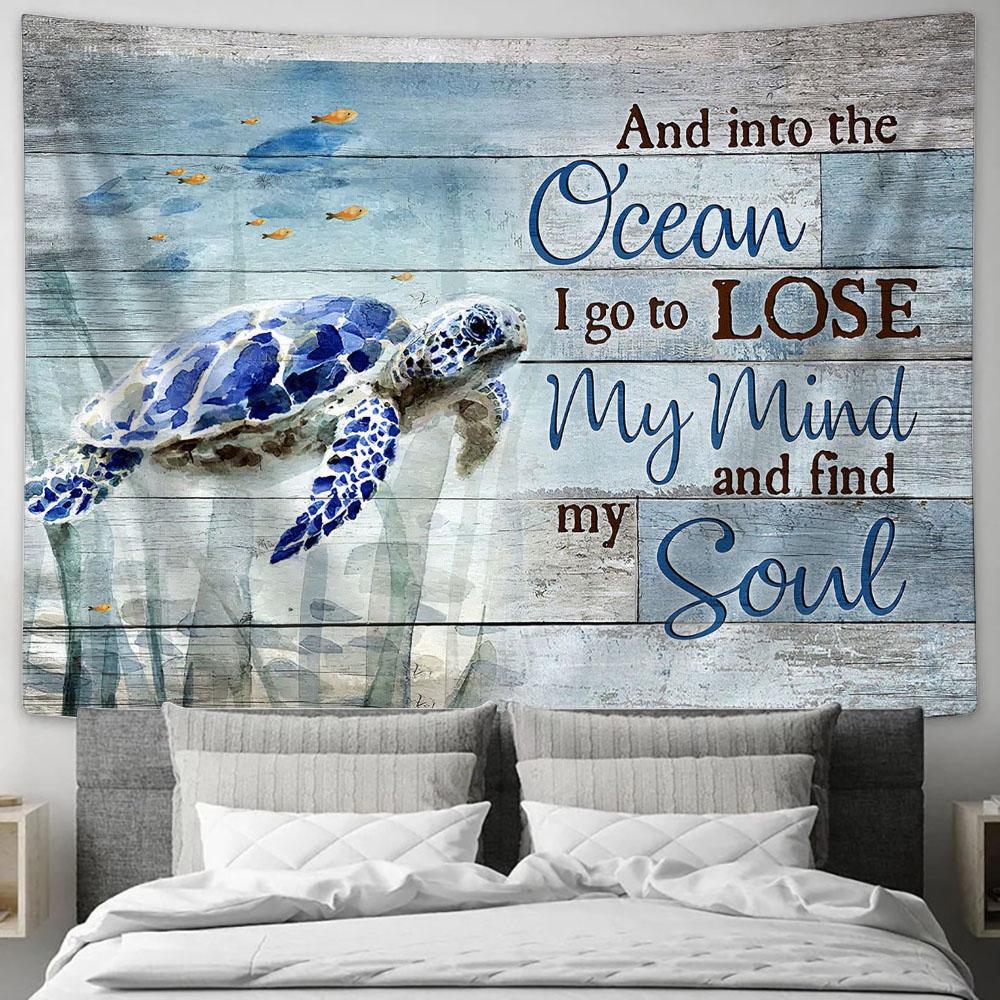 Blue sea turtle And into the ocean Tapestry Wall Art - Bible Verse Tapestry - Religious Tapestry Wall Hanging