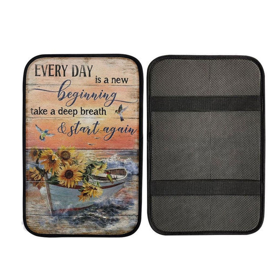 Boat And Sunflower Pretty Sunset Every Day Is A New Beginning Car Center Console Cover, Car Armrest Pad, Christian Gift, Armrest Box Mat