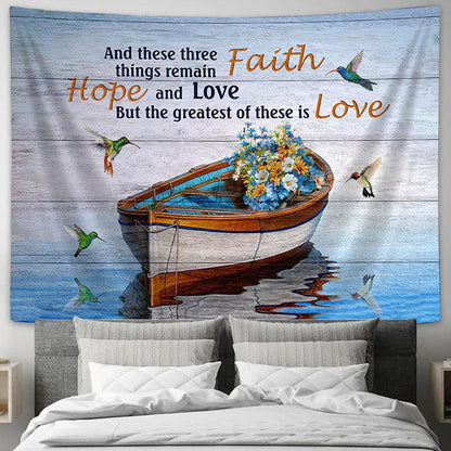 Boat On River Hummingbird The Greatest Of These Is Love Wall Art Tapestry - Christian Wall Art - Religious Art