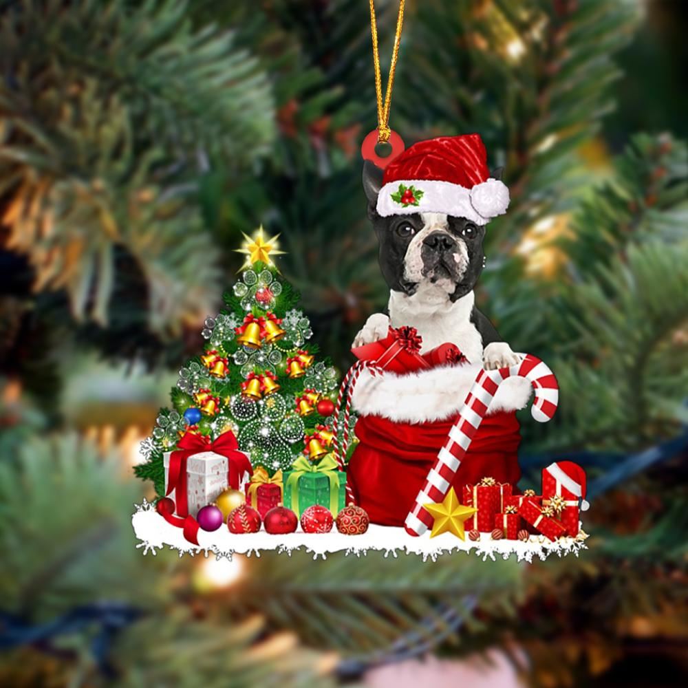 Boston Terrier Gift Bag Merry Christmas Ornament, Christmas Gift, Christmas Tree Decorations, Christmas Ornament 2023