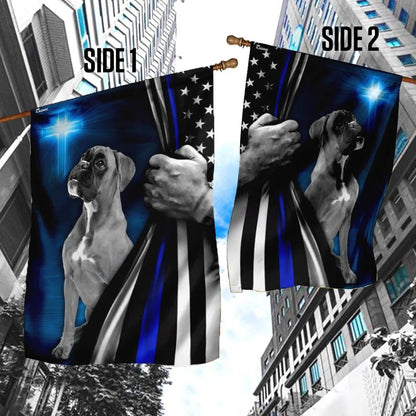 Boxer Police Dog Thin Blue Line Christian Cross House Flags, Christian Flag, Scripture Flag, Garden Banner