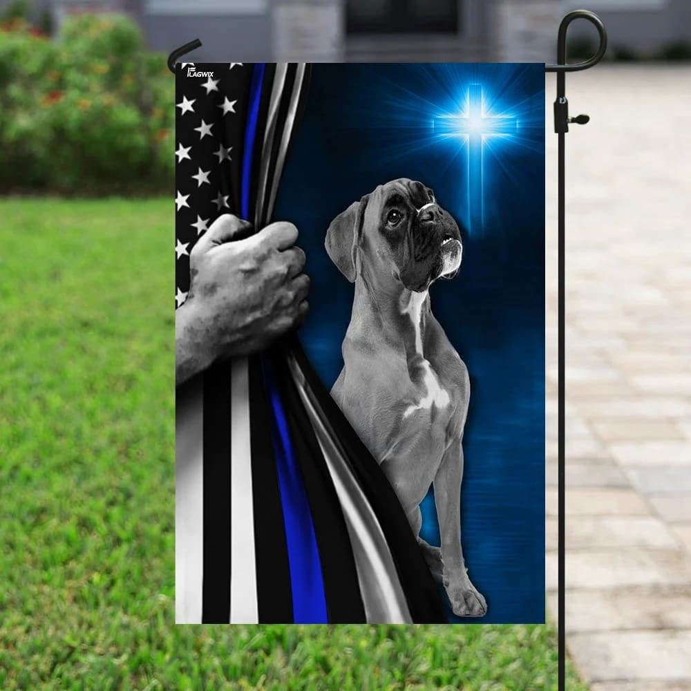 Boxer Police Dog Thin Blue Line Christian Cross House Flags, Christian Flag, Scripture Flag, Garden Banner