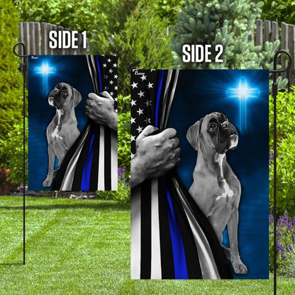Boxer Police Dog Thin Blue Line Christian Cross House Flags, Christian Flag, Scripture Flag, Garden Banner
