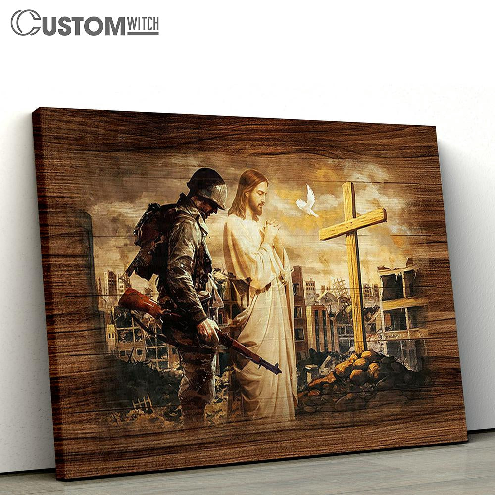 Brave Soldier Jesus Praying City In War Wooden Cross Canvas Wall Art - Bible Verse Canvas - Religious Prints
