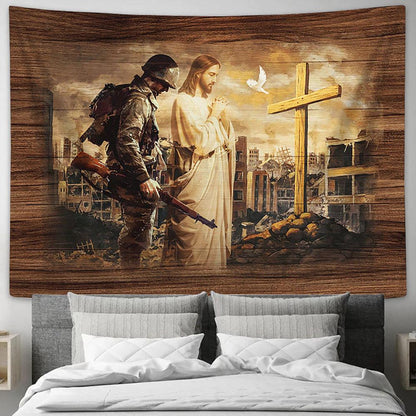 Brave Soldier Jesus Praying City In War Wooden Cross Tapestry Wall Art - Bible Verse Tapestry - Religious Tapestry Wall Hanging