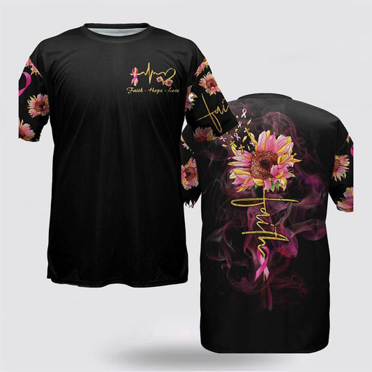 Breast Cancer Faith Love Hope Golden Petals Sunflower Black All Over Print 3D T Shirt, Breast Cancer Gift Ideas, Unisex T Shirt