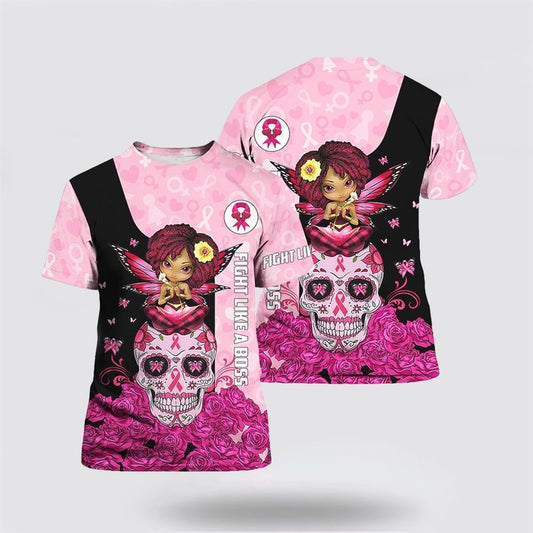 Breast Cancer Rose Skull Angel All Over Print 3D T Shirt, Breast Cancer Gift Ideas, Unisex T Shirt