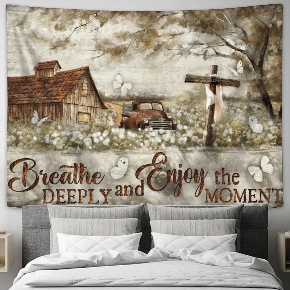 Breathe Deeply And Enjoy The Moment Countryside Cross Old Car Tapestry, Tapestries for Living Room Bedroom