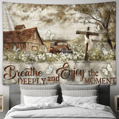 Breathe Deeply And Enjoy The Moment Old Car Cross Butterfly Large Tapestry Art - Christian Wall Art Home Decor - Religious Tapestry Prints