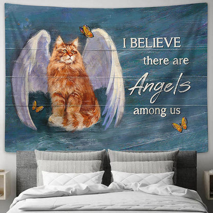Brown Cat Angel Wings I Believe There Are Angels Among Us Tapestry Wall Art - Bible Verse Tapestry - Religious Tapestry Wall Hanging