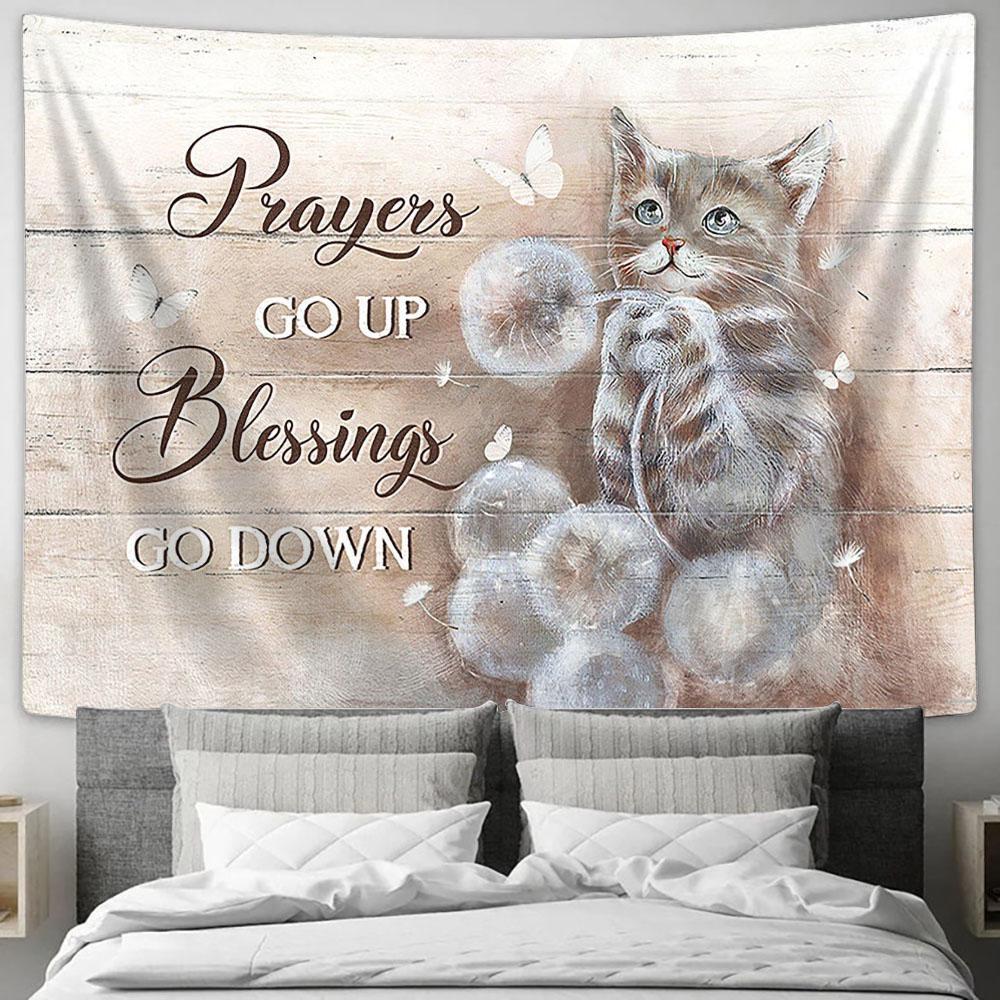 Brown Cat Dandelion Field Prayers Go Up Blessings Go Down Tapestry Wall Art - Bible Verse Tapestry - Religious Tapestry Wall Hanging