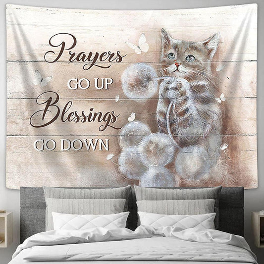 Brown Cat Dandelion Field Prayers Go Up Blessings Go Down Tapestry Wall Art - Bible Verse Tapestry - Religious Tapestry Wall Hanging