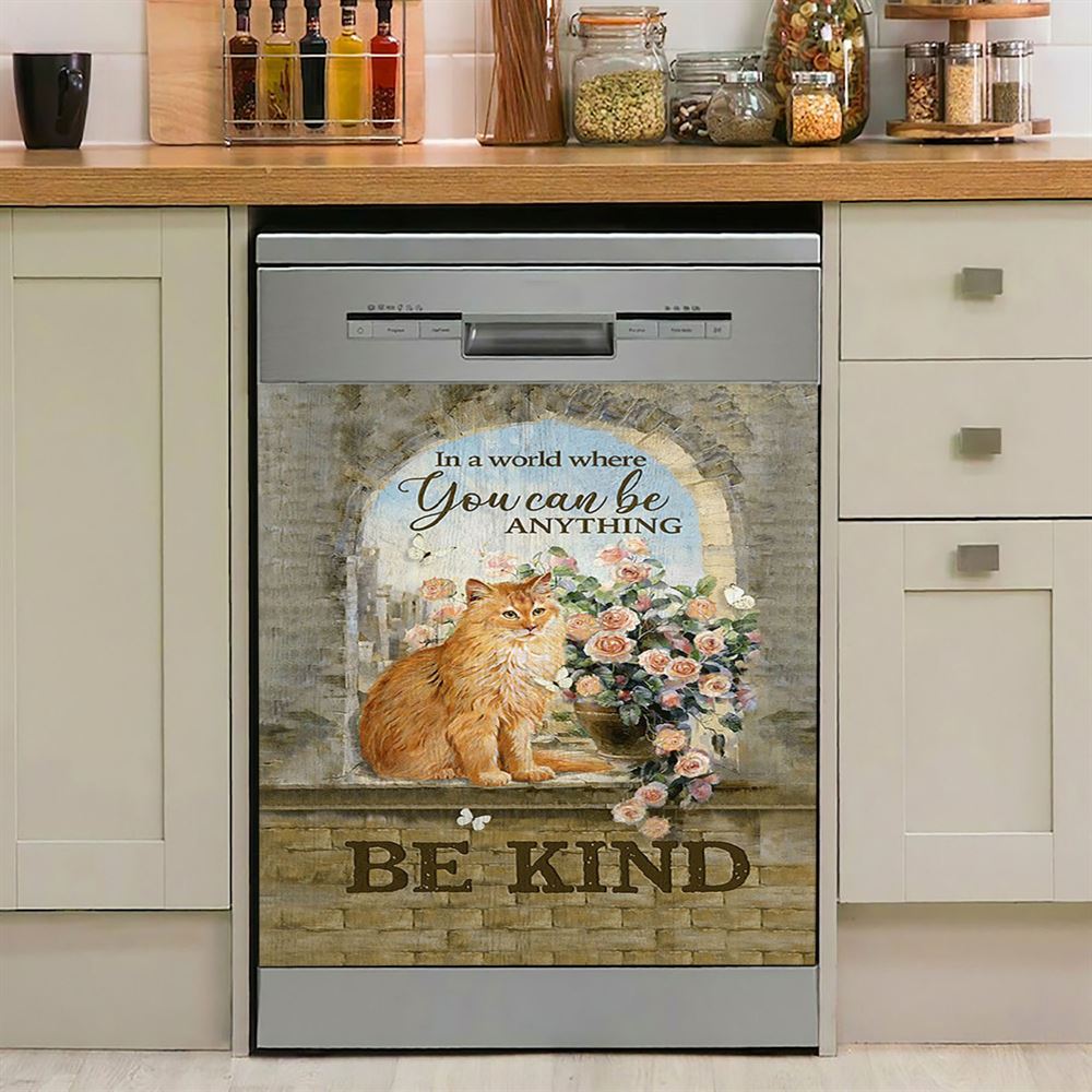 Brown Cat In A World Where You Can Be Anything Dishwasher Cover, Bible Verse Dishwasher Magnet Cover, Christian Inspirational Kitchen Decor