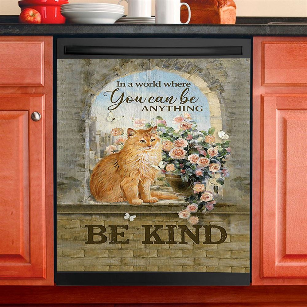 Brown Cat In A World Where You Can Be Anything Dishwasher Cover, Bible Verse Dishwasher Magnet Cover, Christian Inspirational Kitchen Decor