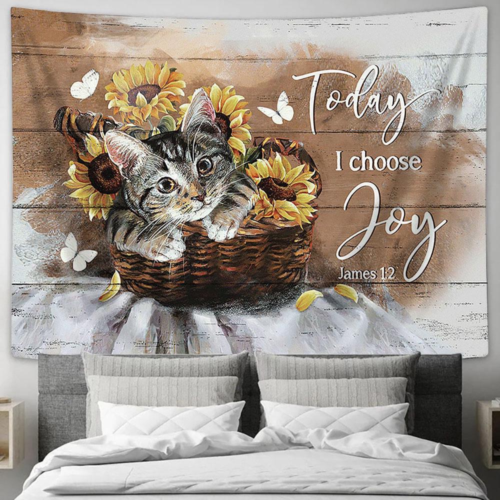 Brown cat Today I choose joy Tapestry Wall Art - Bible Verse Tapestry - Religious Tapestry Wall Hanging