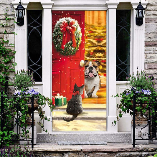 Bulldog Cat Christmas Gift Door Cover Festive Pet Decor For Holiday Celebrations, Christmas Garage Door Covers, Christmas Outdoor Decoration