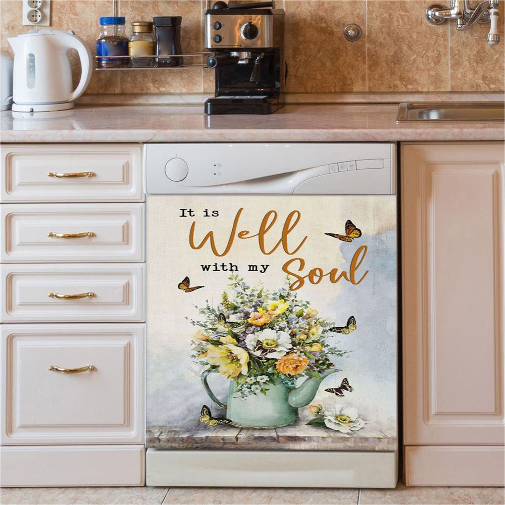 Butterflies Flowers It Is Well With My Soul Dishwasher Cover, Bible Verse Dishwasher Magnet Cover, Scripture Kitchen Decor