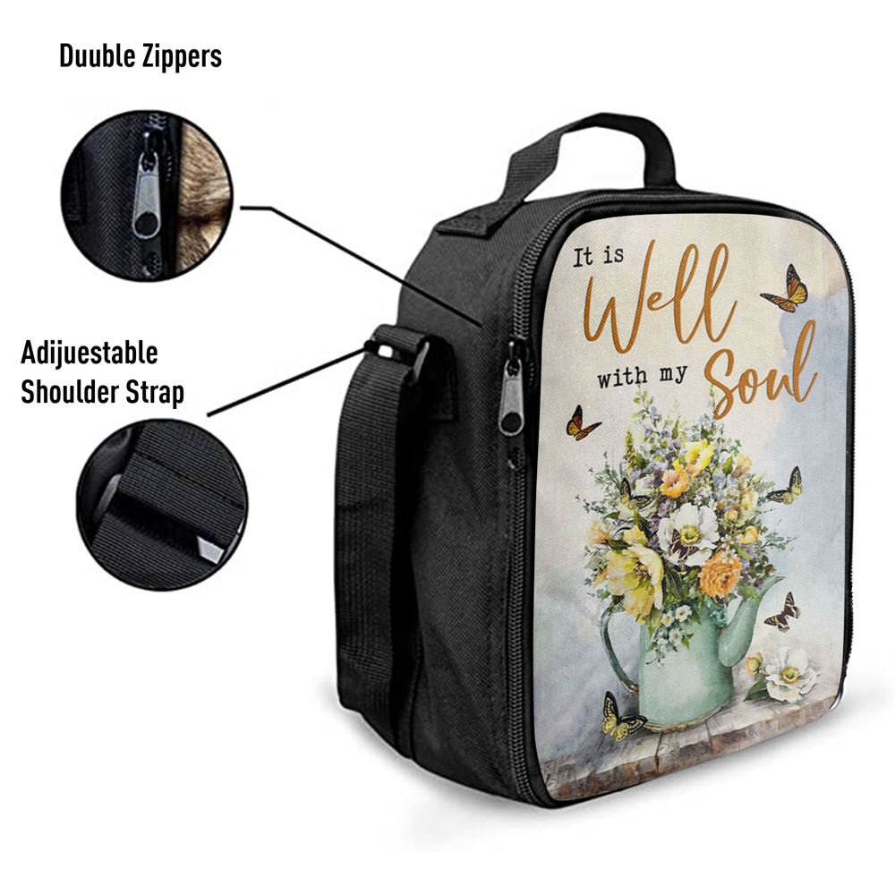 Butterflies Flowers It Is Well With My Soul Lunch Bag, Christian Lunch Bag For School, Picnic, Religious Lunch Bag