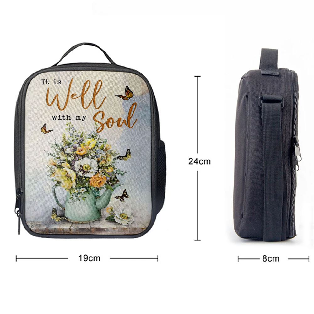 Butterflies Flowers It Is Well With My Soul Lunch Bag, Christian Lunch Bag For School, Picnic, Religious Lunch Bag