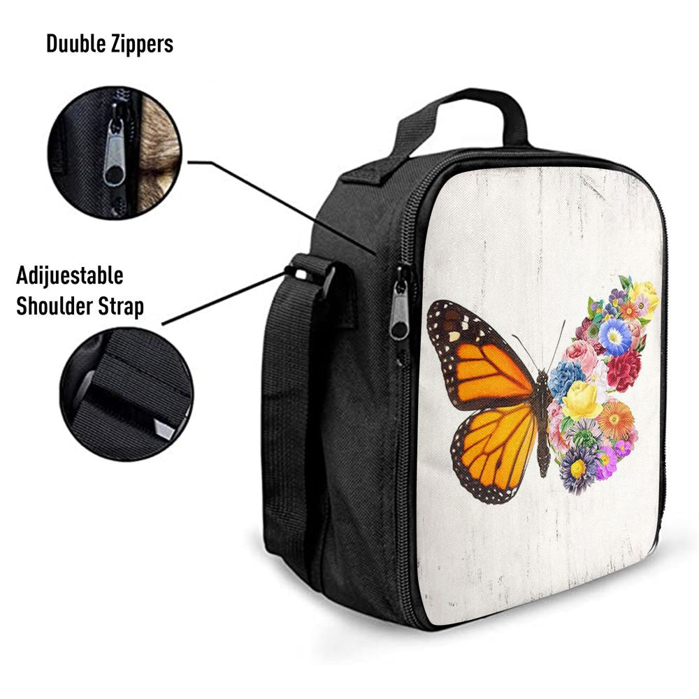 Butterfly Floral Lunch Bag, Christian Lunch Bag For School, Picnic, Religious Lunch Bag