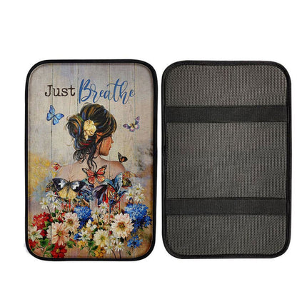Butterfly Flowers Garden Just Breathe Car Center Console Cover, Religious Car Armrest Accessories
