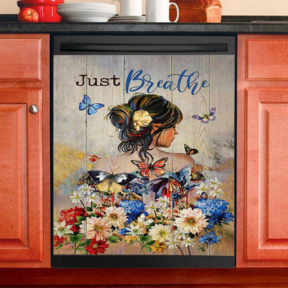 Butterfly Flowers Garden Just Breathe Dishwasher Cover, Christian Dishwasher Magnet Cover, Bible Verse Kitchen Decor