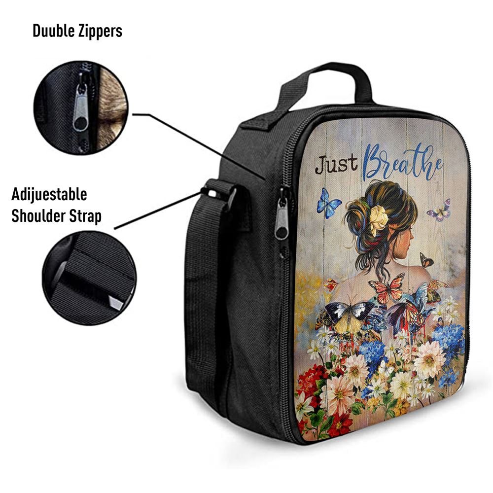 Butterfly Flowers Garden Just Breathe Lunch Bag, Christian Lunch Bag For School, Picnic, Religious Lunch Bag