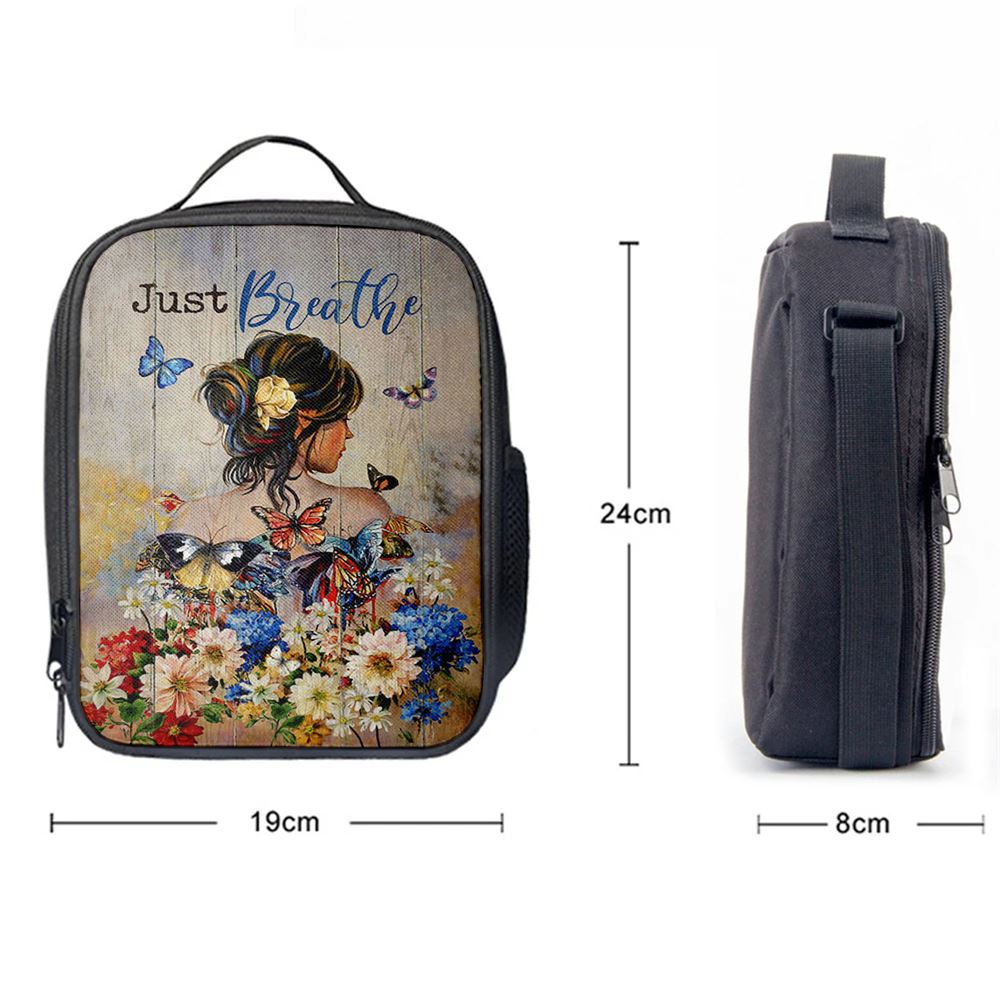 Butterfly Flowers Garden Just Breathe Lunch Bag, Christian Lunch Bag For School, Picnic, Religious Lunch Bag
