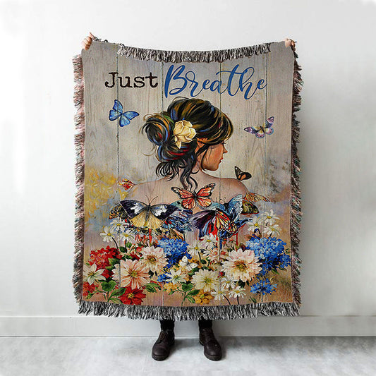 Butterfly Flowers Garden Just Breathe Woven Throw Blanket - Christian Woven Blanket Prints - Bible Verse Woven Blanket Art