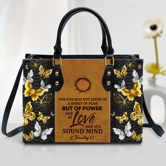 Butterfly For God Has Given Us A Spirit Of Power And Of Love Leather Handbag, Religious Gifts For Women