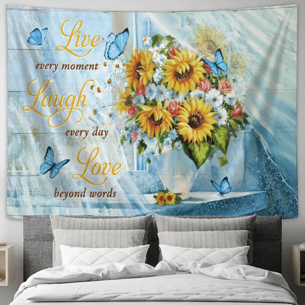 Butterfly Live Every Moment Laugh Every Day Love Beyond Words Tapestry, Tapestries for Living Room Bedroom