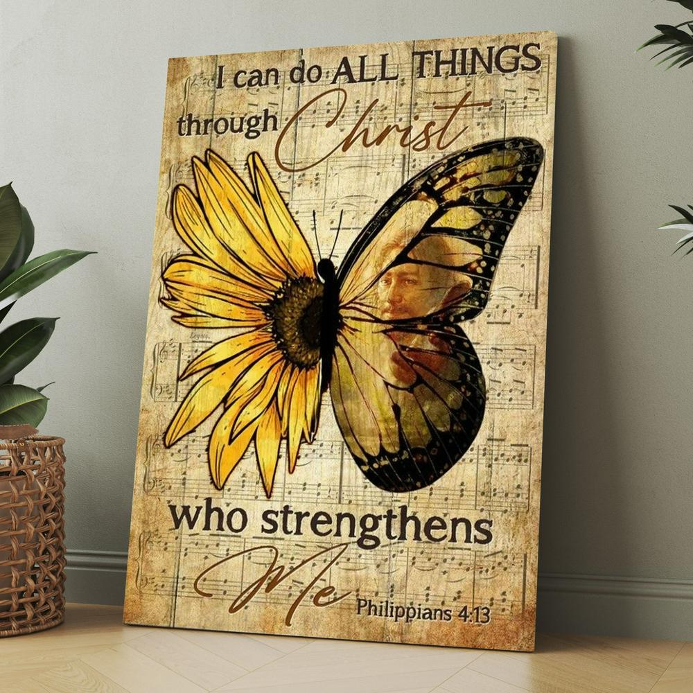 Butterfly Sunflower Pattern I Can Do All Things Through Christ Canvas, Christmas Gift for Christian