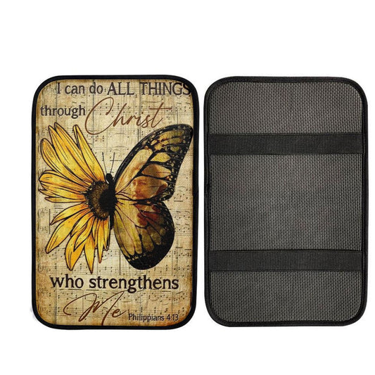 Butterfly Sunflower Pattern I Can Do All Things Through Christ Car Center Console Cover, Car Armrest Pad, Christian Gift, Armrest Box Mat