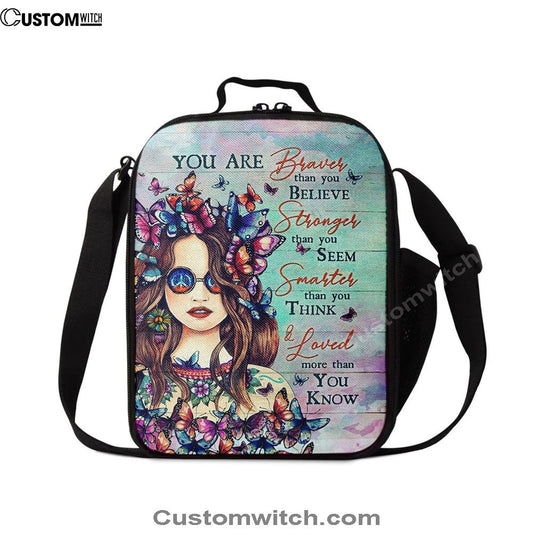 Butterfly You Are Braver Than You Believe Lunch Bag, Christian Lunch Bag For School, Picnic, Religious Lunch Bag