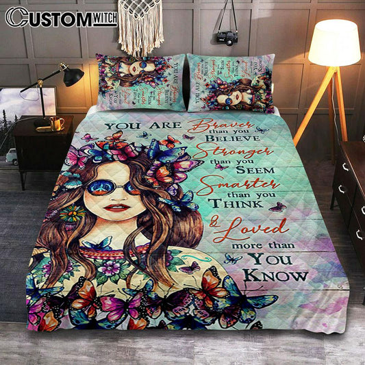 Butterfly You Are Braver Than You Believe Quilt Bedding Set Bedroom - Christian Quilt Bedding Set Prints - Bible Verse Quilt Bedding Set Art