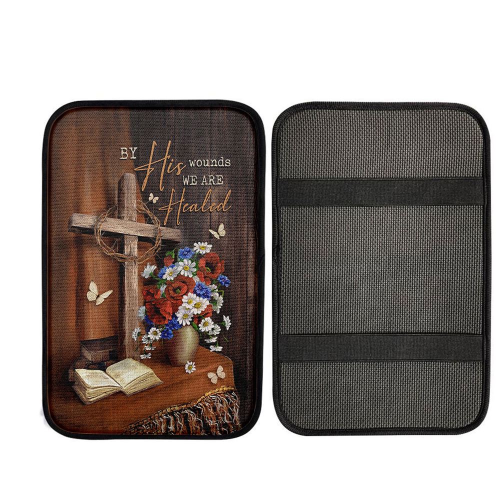 By His Wounds We Are Healed Cross Car Center Console Cover, Religious Car Armrest Accessories