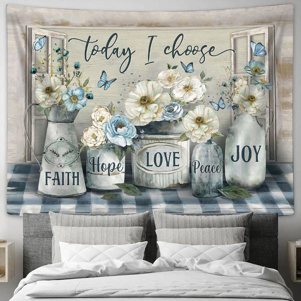 Camellia Blue Butterfly Today I Choose Joy Tapestry Wall Art - Bible Verse Tapestry - Religious Tapestry Wall Hanging