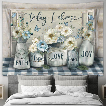 Camellia Blue Butterfly Today I Choose Joy Tapestry Wall Art - Bible Verse Tapestry - Religious Tapestry Wall Hanging