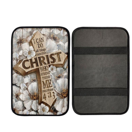 Camellia Flower, Jesus Cross, I Can Do All Things Car Center Console Cover, Car Armrest Pad, Christian Gift, Armrest Box Mat