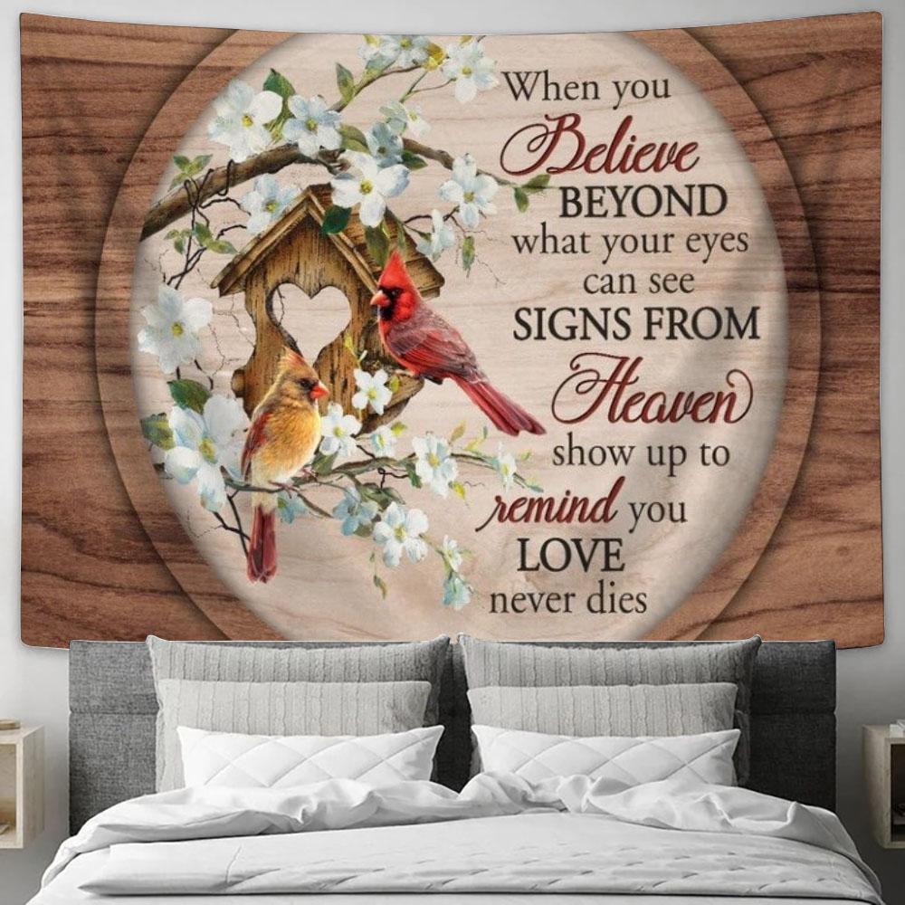 Cardinal, Bird House, When You Believe Beyond What Your Eyes Can See Tapestry, Tapestries for Living Room Bedroom