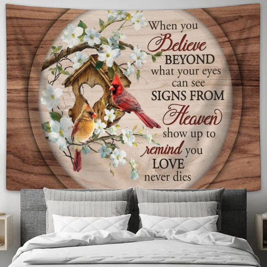 Cardinal, Bird House, When You Believe Beyond What Your Eyes Can See Tapestry, Tapestries for Living Room Bedroom