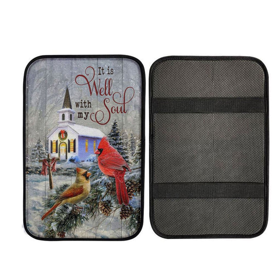 Cardinal Birds It Is Well With My Soul Christmas Car Center Console Cover, Religious Car Armrest Accessories