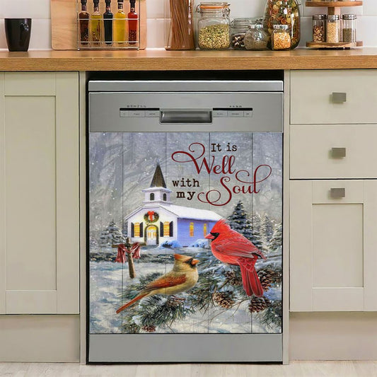 Cardinal Birds It Is Well With My Soul Christmas Dishwasher Cover, Bible Verse Dishwasher Magnet Cover, Scripture Kitchen Decor
