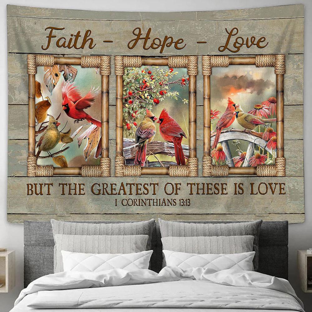 Cardinal Couple Flower Garden Faith Hope Love Tapestry Wall Art - Bible Verse Tapestry - Religious Tapestry Wall Hanging