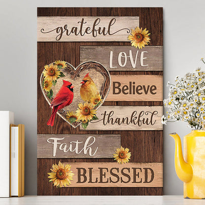 Cardinal Couple Sunflower Grateful Love Believe Canvas Art - Bible Verse Wall Art - Christian Inspirational Wall Decor