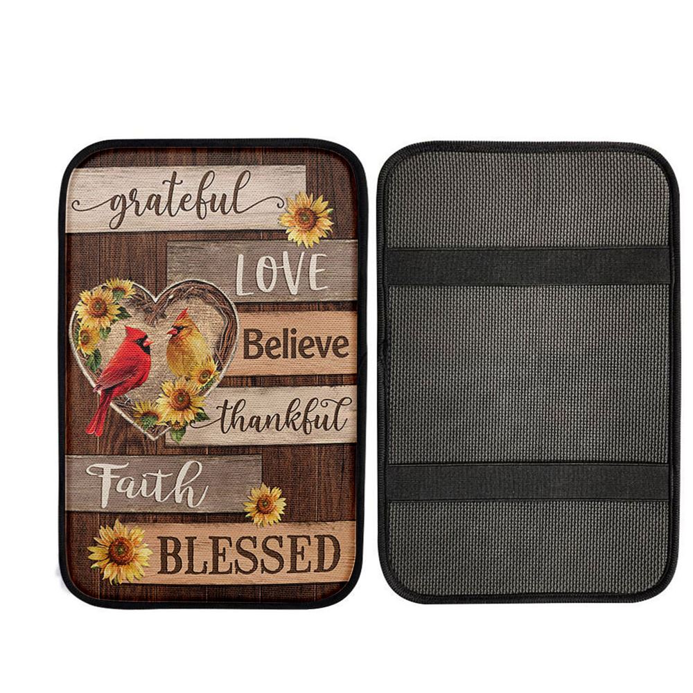 Cardinal Couple Sunflower Grateful Love Believe Car Center Console Cover, Religious Car Armrest Accessories