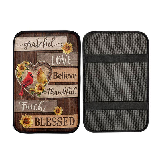 Cardinal Couple Sunflower Grateful Love Believe Car Center Console Cover, Religious Car Armrest Accessories