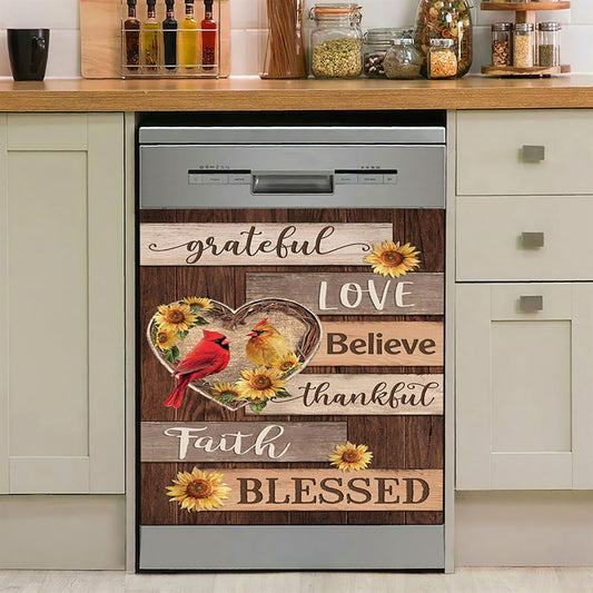 Cardinal Couple Sunflower Grateful Love Believe Dishwasher Cover, Bible Verse Dishwasher Magnet Cover, Christian Inspirational Kitchen Decor