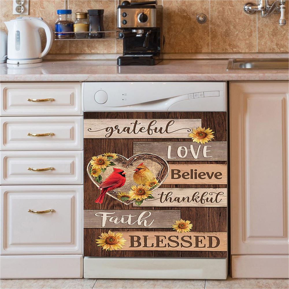 Cardinal Couple Sunflower Grateful Love Believe Dishwasher Cover, Bible Verse Dishwasher Magnet Cover, Christian Inspirational Kitchen Decor