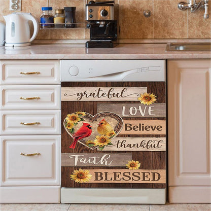 Cardinal Couple Sunflower Grateful Love Believe Dishwasher Cover, Bible Verse Dishwasher Magnet Cover, Christian Inspirational Kitchen Decor